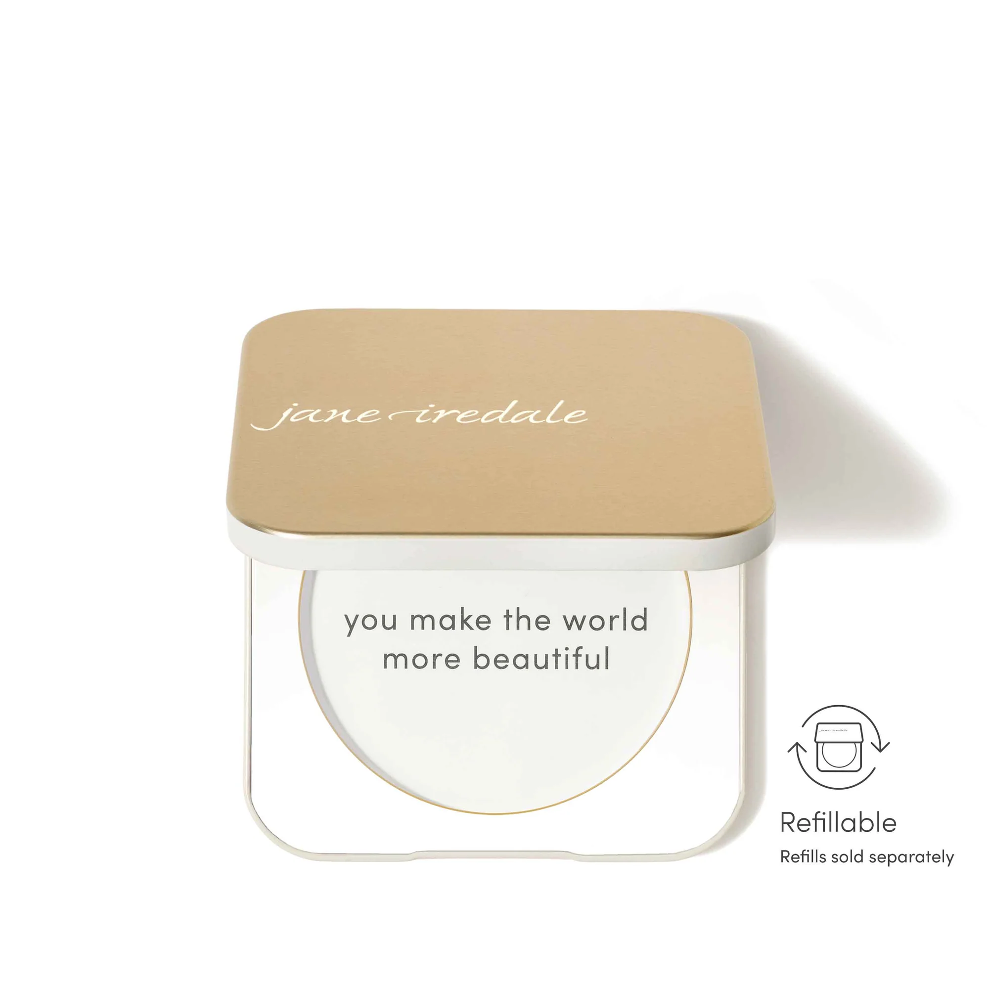 Jane Iredale Refillable Compact in Gold with refillable design information
